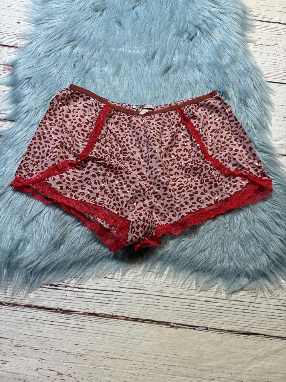 Victoria's Secret Pink Satin Leopard Sleep Shorts with Red Lace & Gold Accents